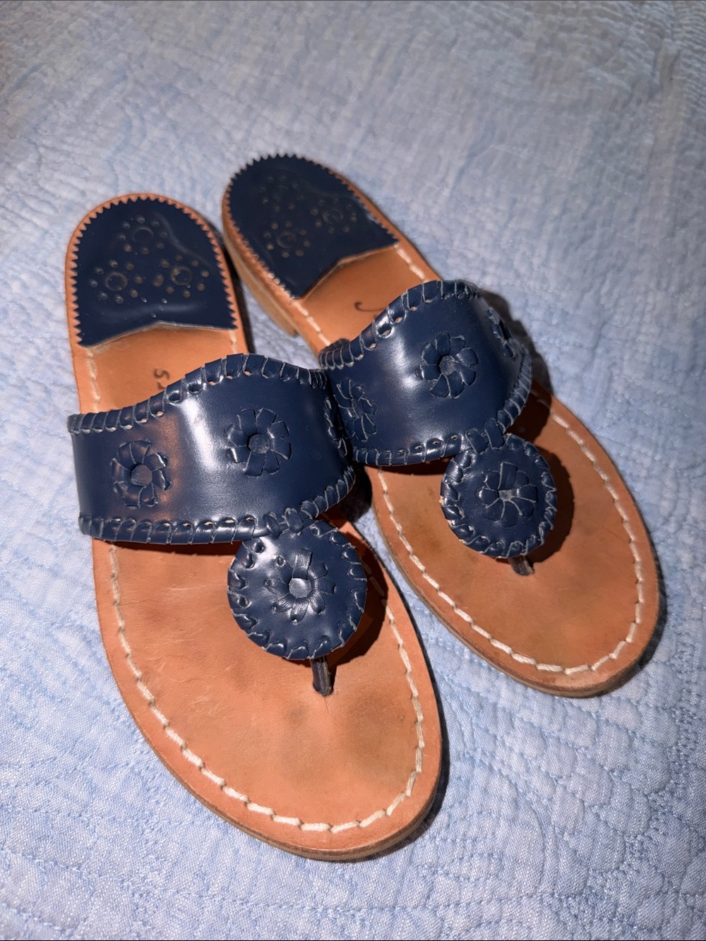 Jack Rogers Navy and Tan Leather Thong Sandals